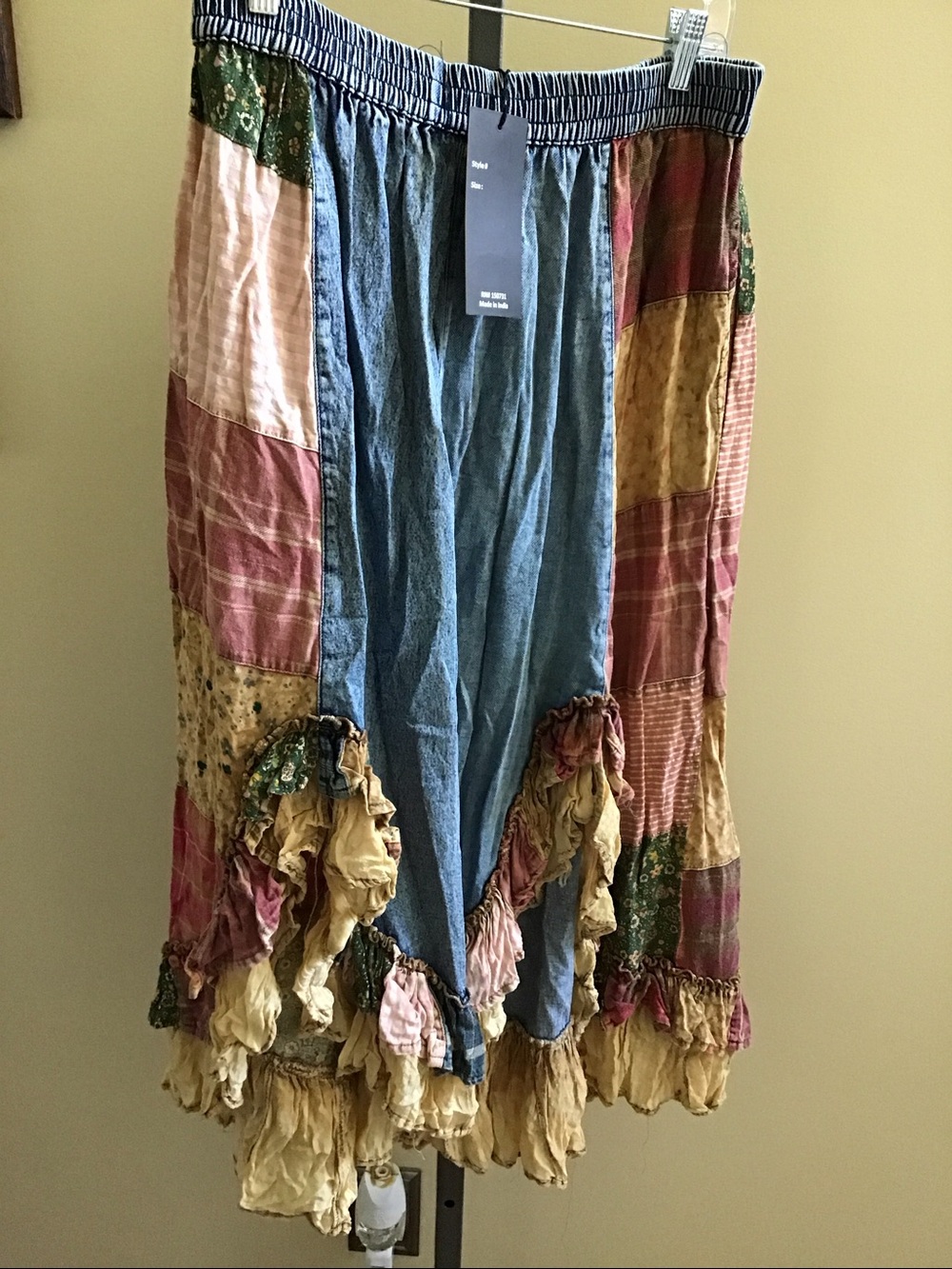 YOUNG THREADS NWT SKIRT Denim Plaid Floral Ruffle MIDI Size Xlarge